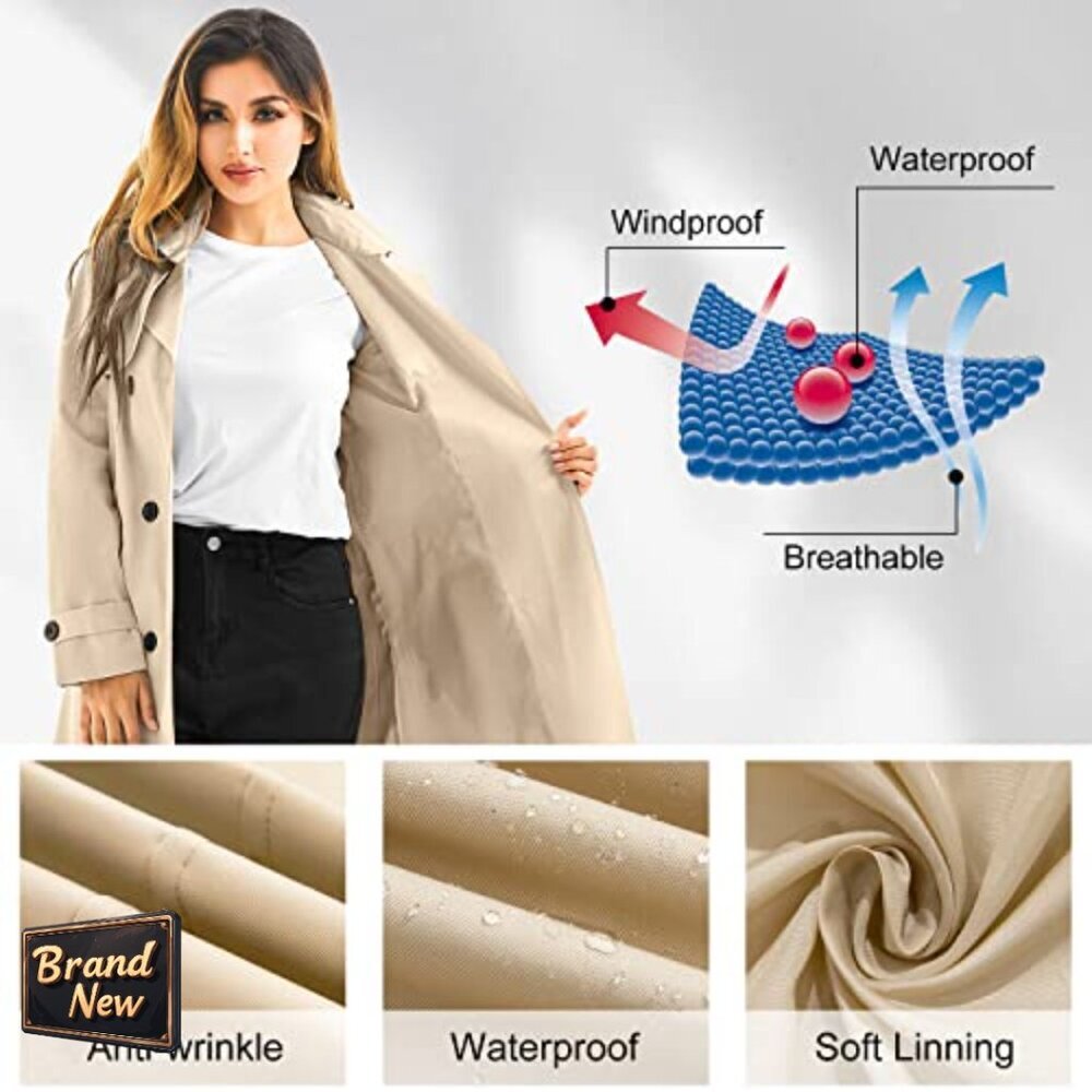 Long Waterproof Trench Coat with Detachable Hood, Belted Double Breasted - Picture 6 of 7